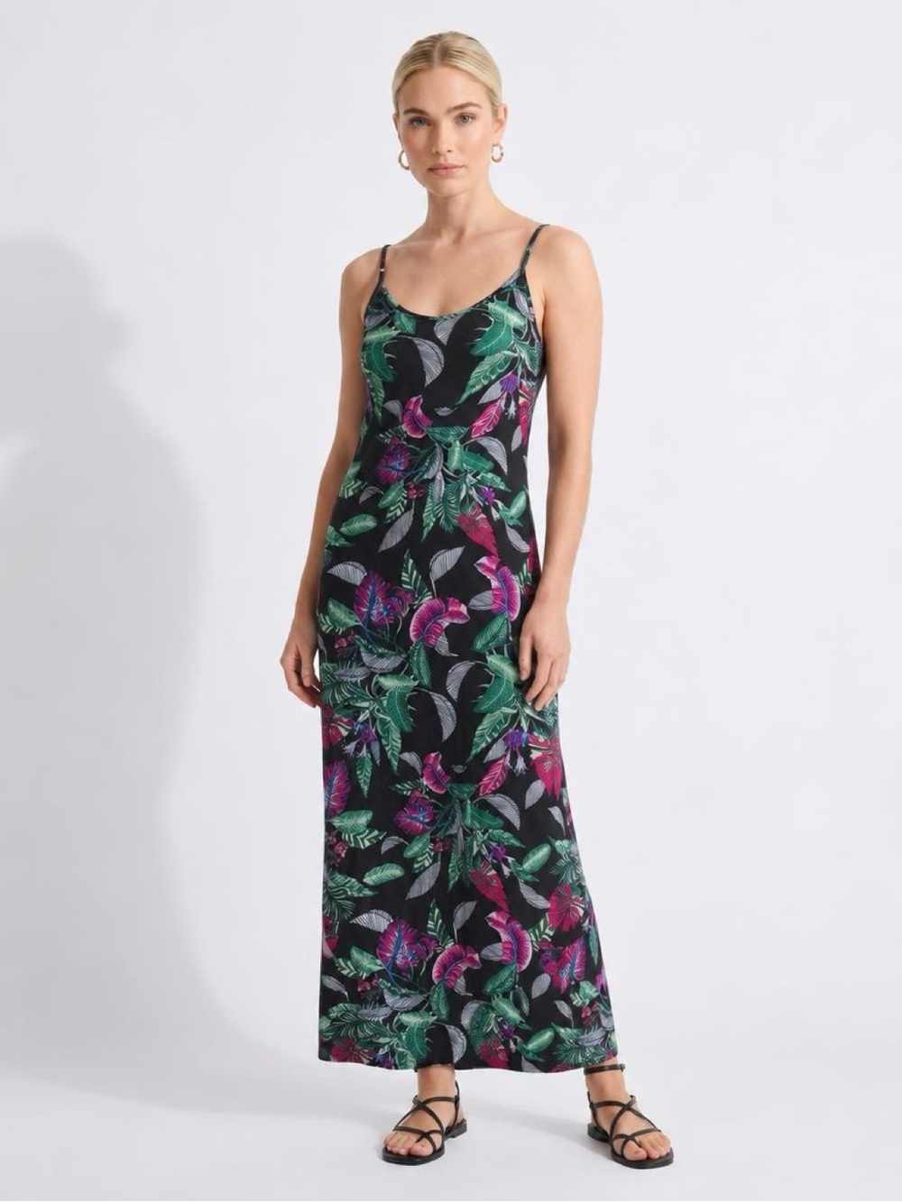Huskary Tropical Floral Maxi Dress Black Pink XL